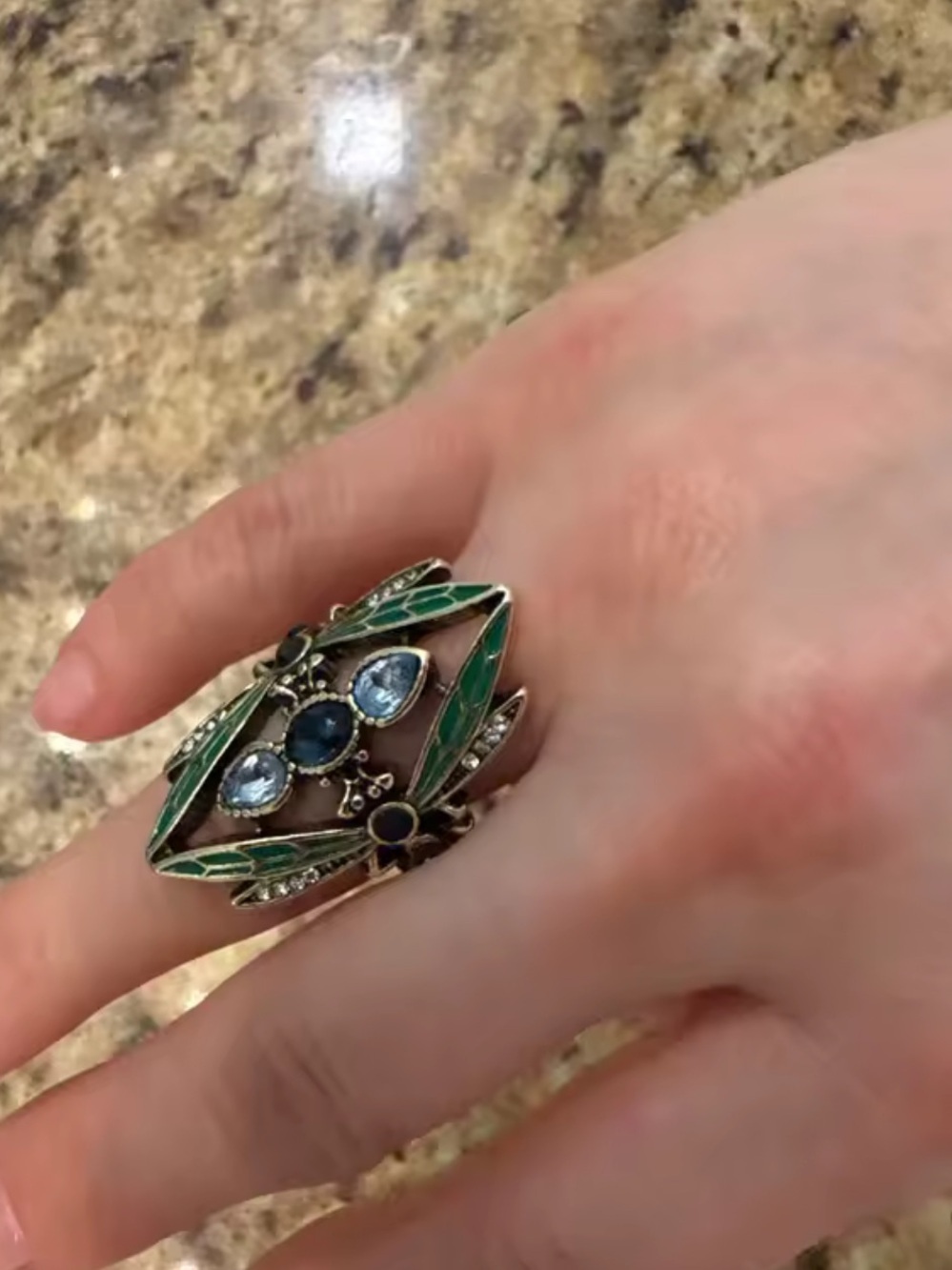 Vintage Green Enamel & Blue Stone Cocktail Ring - Picture 3 of 4